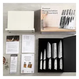 Wakoli Perle Blanche Küchenmesser-Set (5 Messer) mit Messerblock I 67 Lagen Damast mit VG10-Stahlkern | Premium Messerset