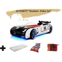 Aileenstore Autobett Kinderbett "Roadster Police" LED Sound Sportsitze Lattenrost Spoiler 90x190 cm