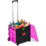 Relaxdays Einkaufstrolley, Klapptrolley mit Rollen & Deckel, Teleskopgriff, bis 35 kg, Faltbarer Trolley, pink/schwarz