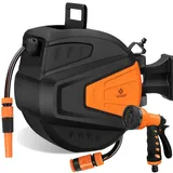 KESSER® Schlauchtrommel Wasser 20+2m Schlauchaufroller Inkl. 2-Wege-Verteiler + Multi-Handbrause Wasserschlauchtrommel Automatik | 180° Schwenkbar | Wandhalterung | Gartenschlauch | Orange