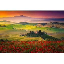 Fototapete PAPERMOON "PANORAMA-LANDSCHAFT DORF WIESE NEBEL GEBIRGE SONNE WALD", bunt, B:3,50m L:2,60m, Vlies, Tapeten