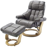 InnoSeat MCA furniture Calgary mit Hocker, bis 130 kg belastbar, drehbarer Fernsehsessel mit Liegefunktion, Echtleder schlammfarben, Gestell Holz natur