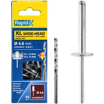 Rapid Blindnieten Großkopf Ø 4,8mm, 9-12mm Klemmbereich, 40 Stk. Aluminium Nieten, Set inkl. Bohrer, für Blindnietzangen