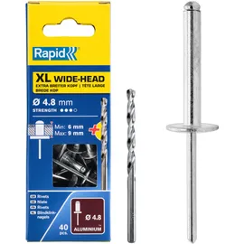 Rapid Blindnieten Großkopf Ø 4,8mm, 9-12mm Klemmbereich, 40 Stk. Aluminium Nieten, Set inkl. Bohrer, für Blindnietzangen