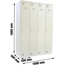 PROREGAL Spind AMEGO | 4 Abteile | HxBxT 180x160x50cm | Abteilbreite 40cm | Durchgehend | Feuerfeste Beschichtung | Lichtgrau | Metallspind