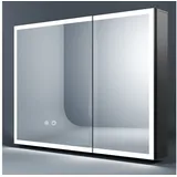 WDWRITTI Spiegelschrank Bad mit Beleuchtung 80 x 60 cm Badezimmerspiegelschrank LED 2 türen (Steckdose, Anti-fog, 3Lichtmodi, Dimmbar, Speicherfunktion, Doppelseitiger Spiegel, Verstellbare Glasböden) Alu-Schranktür, mit Netzadapter schwarz