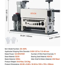 Vevor Elektrische Kabelabisoliermaschine, 1,5-40 mm, Kabelschälmaschine, 11-Kanal-Automatik-Kupferkabel-Abisolierer, 370-W-Abisolierwerkzeug mit m...
