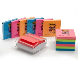Post-it Super Sticky Z-Notes Bora Bora + Bangkok-Collection Haftnotizen-Set extrastark farbsortiert 12 Blöcke + GRATIS Spender
