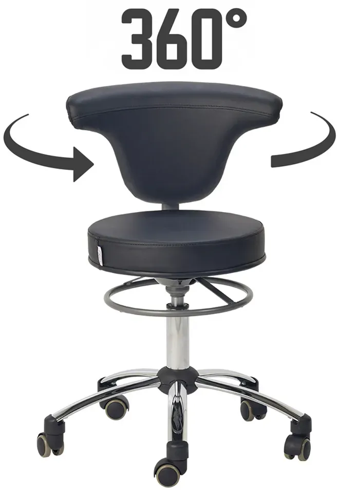 Rollhocker Drehstuhl mit Ringauslöser und Rückenlehne schwarz Praxis-Drehstuhl