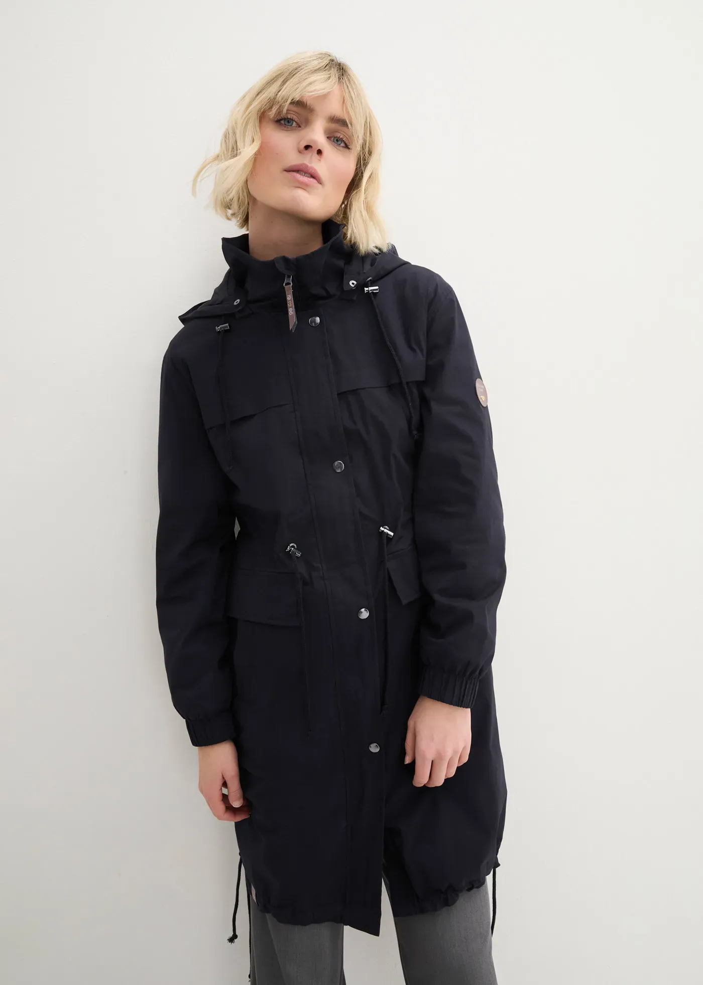 Langjacke BONPRIX, Damen, Gr. 40, schwarz, Web, Obermaterial: 97% Baumwolle, 3% Elasthan. Futter: 100% Polyester, unifarben, regular fit ca. Mitte Oberschenkel, mit Gummizug, Jacken Langjacke, in Trench-Optik, mit Kapuze und vielen tollen Details