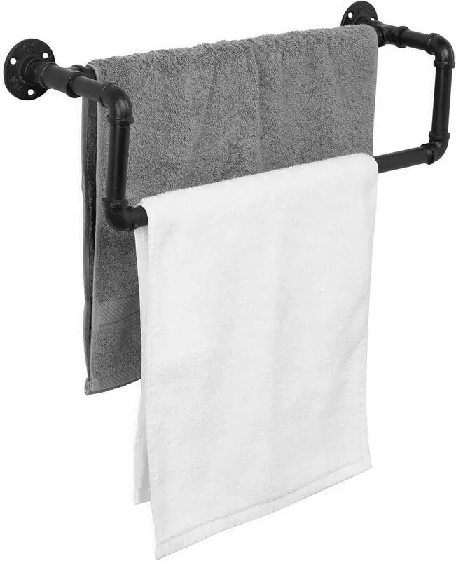 MyGift Industrieller Handtuchhalter aus mattschwarzem Metall mit realistischem Rohrdesign, 2-stufige Wandmontage Badezimmerausstattung Handtuchhalter