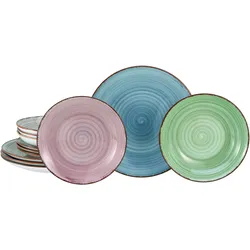 Teller-Set CREATABLE "Samba Bunt, Tellerset 12 tlg", bunt, 12 tlg., Porzellan, Geschirr-Sets, Handgemalter Spiraldekor
