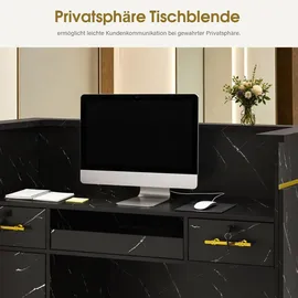 Barberpub Empfangstheke mit 3 Schubladen & 1 Schrank, Empfangstisch mit Beleuchtung, Abschließbar, Rezeptionstheke Kassentheke,R9759 (schwarz-gold)