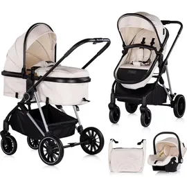 Chipolino Kinderwagen Aura 3 in 1, Autositz, Babywanne, Wickeltasche, bis 22 kg creme - Beige