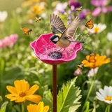 Vogeltränke Blume aus Metall, Vogeltränke Stehend Gartendeko Vogelbad Winterfest, Rostbeständig Blumen Gartenstecker Bienentränke Tränkstation, Wassertränke Insektentränke Garten Futterstation (Rosa)