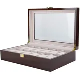Uhrenbox mit 12 F?chern, Uhrenkasten mit Glasdeckel 12 Uhren, Uhrenbox Uhr Aufbewahrungs?box aus Massiv Holz mit Glas Vitrine und Metallverschl ̈1ss Uhren und Schmuck 31,2 x 20 x
