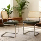 Esszimmerstuhl Verchromt Grün Mit Rattan Und Gepolsterter Sitzfläche, Stapelbar, Modernes Design
