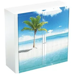 easyOffice Rollladenschrank Motiv Palme am Strand silber, 110x104x41.5 cm
