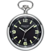 REGENT Herren Taschenuhr Edelstahl 50 MM Quarz Schwarzes Zifferblatt Arabische Zahlen Datum, Leuchtindizes Geschenkidee