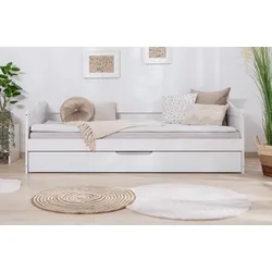 Funktionsbett TICAA "Melinda, Daybett, Jugendbett, 2 Schlafplätze, Schublade auf Rollen", weiß (kiefer massiv weiß), B:96cm L:204cm, Daybetten, FSC-zertifizierte Kiefer, 2 Rollroste, Massivholz