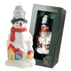 Krebs Glas Lauscha Weiß/Rot 12cm Schneemann mit rotem Schal, Glasornament, mundgeblasen, handbemalt