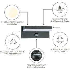 Longlife LED Außenwandleuchte UV-beständig 12 W 4000 K inkl. Bewegungsmelder anthrazit