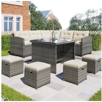 HAUSS SPLOE Gartenlounge-Set 2 Sofas, 4 Hocker mit Esstisch, graues Polyrattan und beige Kissen beige|grau