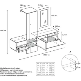 Vladon Wandgarderobe Carlton 208 x 193 x 35 cm Weiß matt/Eiche