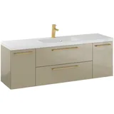 Furni Rosen 140 cm Hängeschrank mit Waschbecken in Cappuccino Hochglanz und Gebürsteten Goldenen Griffen - Elegante Badezimmerausstattung