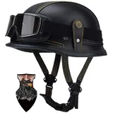 Deutsche Leder Motorrad Halbhelme Retro Halbschalenhelm JetHelm mit Visier Schnellverschluss Schnalle für Cruiser Chopper Biker Moped DOT/ECE-Zulassung, L57~60CM