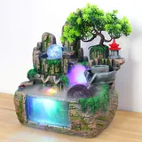 Fetcoi Zimmerbrunnen mit LED-Beleuchtung & Nebel - Moderner Tischbrunnen Wasserfall aus Resin (30x20x30cm) mit 3 Wasserspeiern & Kiefern-Design für Büro, Wohnzimmer & Meditation