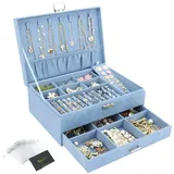 Schmuckkasten, Schmuckkästchen mit Schubladen für Damen Mädchen, Samt Schmuckbox Schmuckschatulle Groß Schmuck Organizer für Ringe Ohrringe Armbänder Halsketten, Blau