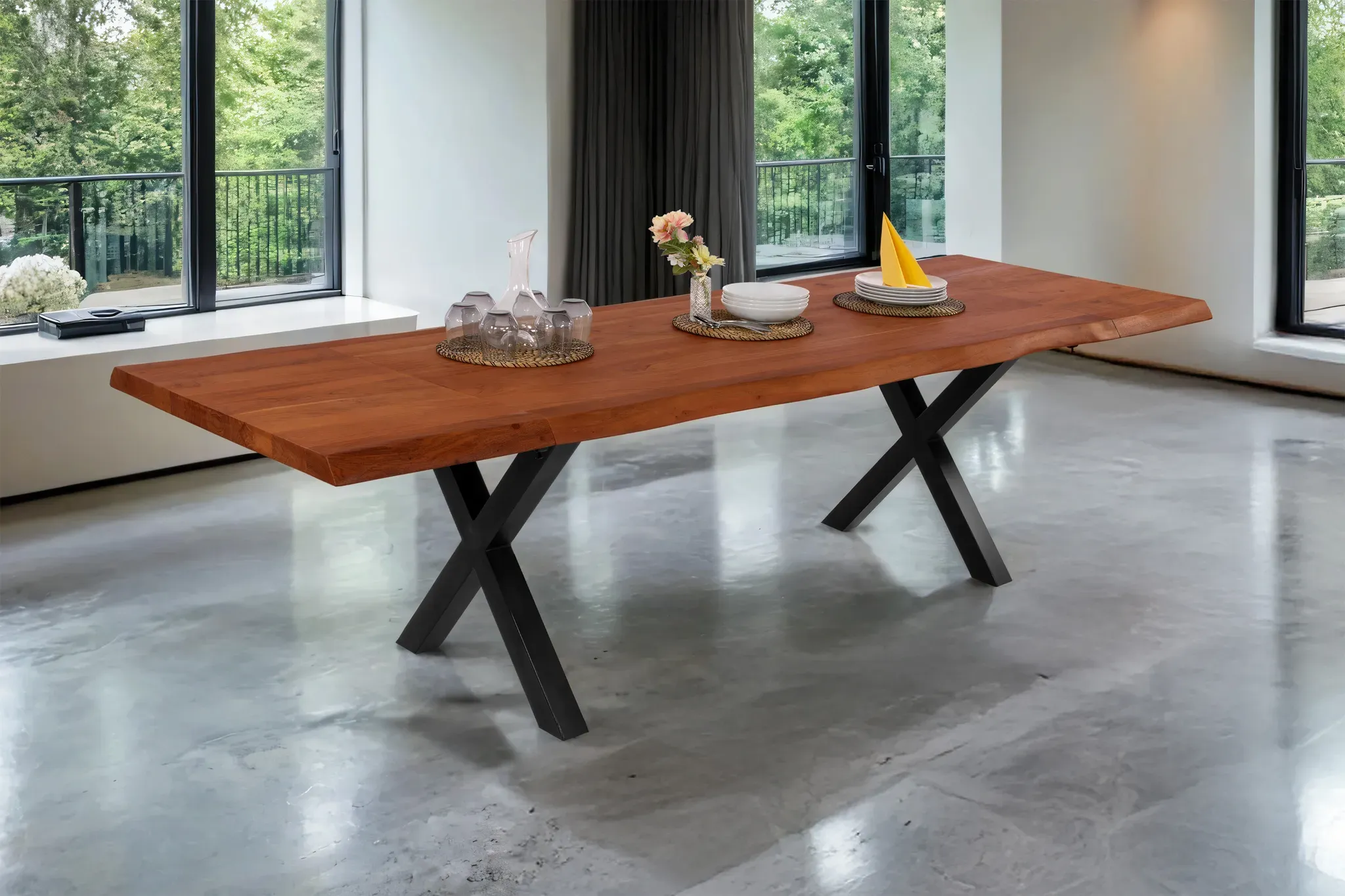 Esstisch mit Ansteckplatten 200(300)x100 cm Baumkante Akazie nussbaum X-Gestell schwarz CALI