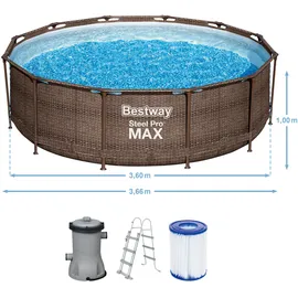 BESTWAY Steel Pro Max Frame Pool Set 366 x 100 cm rattanoptik inkl. Filterpumpe + Poolleiter