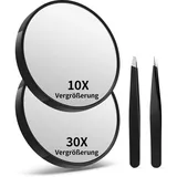 Macaki Vergrößerungsspiegel mit Saugnäpfen und 2 Pinzetten, 10-Fach und 30-fache Vergrößerung, 8,9 cm, Schwarz, 2 Stück