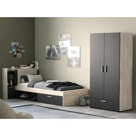 Demeyere Lit 90x190/200 Avec Rangement 1 Porte 3 Niches 1 tiroir – Noir Mat und Chêne Clair -124,5 x 226,9 x 90,5 cm, Eichenbürste/Mattschwarz, Eichenbürste/Mattschwarz
