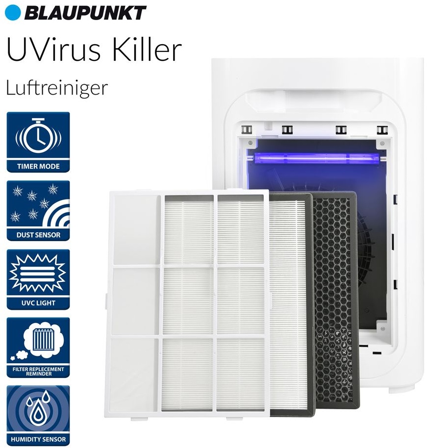Blaupunkt UVirusKiller - Luftreiniger neuster Technologie besonders effektiv gegen Bakterien & Viren - Photokatalytischer Aktivkohlen & HEPA H13-Fi...