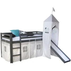 Homestyle4u Hochbett mit Vorhang 90 x 200 cm Kiefer massiv grau
