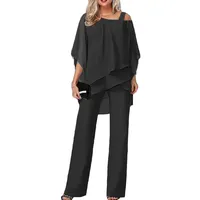 Godoboo Hosenanzug Damen 2 Teiliges Set Spitze Chiffon Shirt Und Hohe Hosenanzug Tüll Abendanzug Sets Hosenanzug Cocktail Party Spitzen Vintage Lange Hose Abendanzug Outfit - M