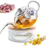 Gohytal Teekanne mit Stövchen Set, Glas Teekanne mit Infuser, 1000ml Glasteekanne mit Edelstahl Sieb, Glasdeckel und Teewärmer, Tee Maker Set für Tee grüner Tee Fruchttee Blühende und Lose Blatt