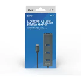 Savio USB-C Hub SAVAK-57 Aluminium 3x USB 3.1 1x RJ45 5Gbps Schwarz/Grau
