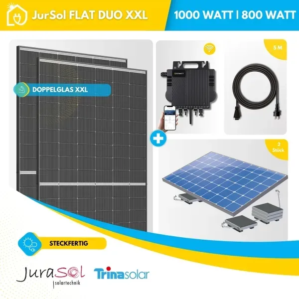 Balkonkraftwerk für Flachdächer Growatt - 1000 Watt 800 Watt - Bifazial Doppelglas - JurSol FLAT DUO XXL 1000 Watt