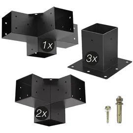 SOTech Anbau Set 6-tlg 2x Eckverbinder 1x Mittelverbinder 3x Bodenhülse) vierkant 100 x 100 mm Stahl Verzinkt schwarz Pulverbeschichtet für höchsten Korrosionsschutz