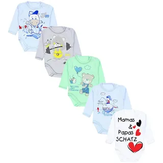 TupTam Baby Body Langarm – 5er Set Body Baby mit Motiv aus Baumwolle – OEKO-TEX zertifiziert, Farbe: Mamas Papas Schatz Weiß Bärchen Blau Grün, Größe: 92 - 92