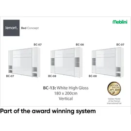 meblini Schrankbett Bed Concept - Wandbett mit Lattenrost - Klappbett mit Schrank - Wandklappbett - Murphy Bed - Bettschrank - BC-13-180x200cm Vertikal - Weiß Hochglanz, Holzwerkstoff, 7-Zonen, Rechteckig, 180x200 cm, Schlafzimmer, Betten, Klappbetten