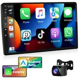 Podofo Autoradio Doppel Din mit Wireles Apple Carplay Android Auto 2G + 32G 10 Zoll Android Auto Radio Stereo mit Bildschirm, mit 26UI, GPS-Navigation, RDS, WLAN, UKW + Rückfahrkamera und Mikrofon