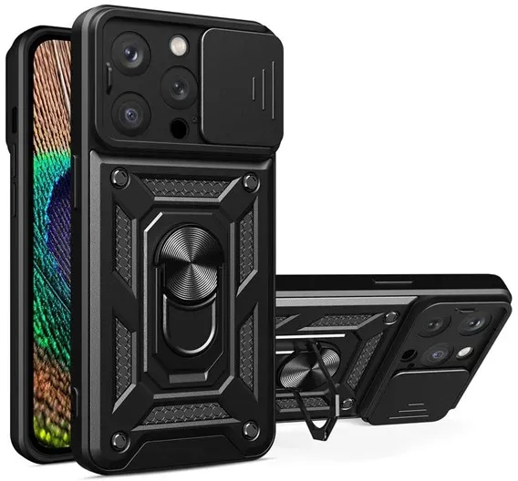 Hybrid Armor Camshield Case for iPhone 14 Pro Max Armored Case with Camera Cover Black