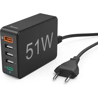 Hama Schnellladegerät 5 Ports, 1x USB-C, 4x USB-A, PD, 51 W, SW