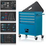 NTG Werkstattwagen gefüllt inkl. Werkzeug 70 Teile - 4 Schubladen + großes Fach + Kniekissen - Kugelgelagerte Schubladen - 2 Rollen m. Feststellbremse - Werkzeugwagen - PERFEKTE WERKSTATTORGANISATION