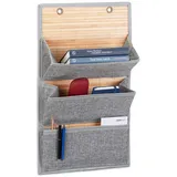 Relaxdays Wandorganizer Bambus mit 3 Jutemuster Fächer, 58 x 34 x 15 cm HxBxT Zeitungshalter für Büro und Flur, grau